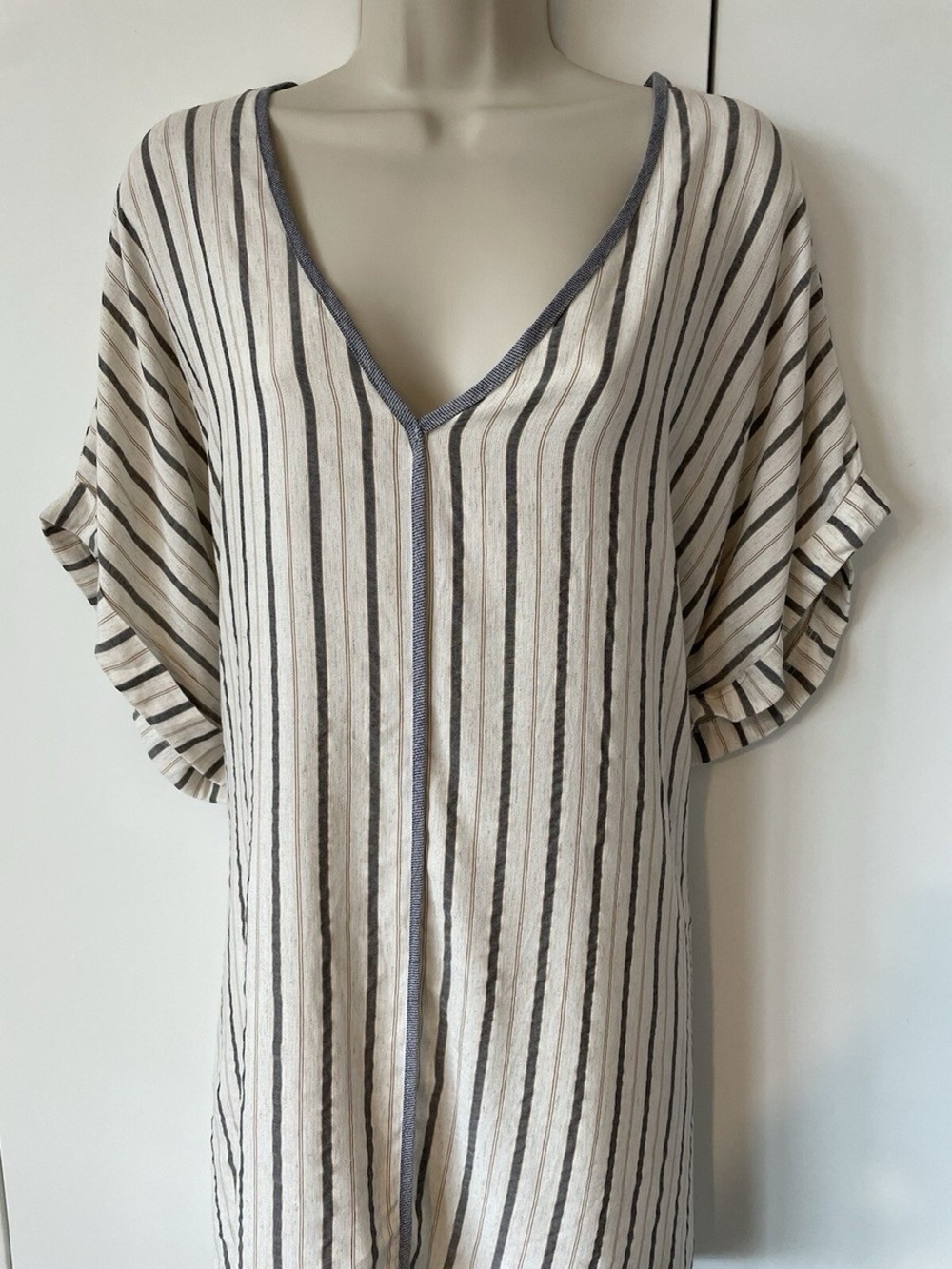 Zara Loose Neutral Striped Cotton V-neck Tunic Short Sleeve Blouse Top Sz Large